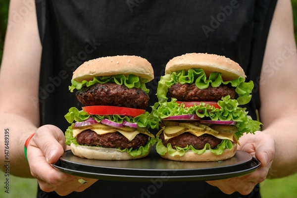 Obraz Podwójne burgery z mięsem wołowym, domowy fast food z przepisu babci, grillowa majówka 