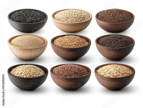Fototapeta Assorted grains in bowls display overhead studio shot of black sesame seeds quinoa buckwheat oats flaxseed amaranth in wooden bowls on white
