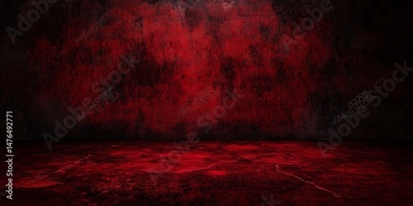 Fototapeta 
Black blood red horror background. Interior room. Concrete old wall, floor. Grunge. Product display. 3d rendering. Empty space. For mockup, showcase, design. Stage. Dark. Spooky creepy. Broken,cracke