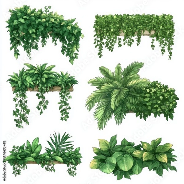 Fototapeta Collection of hanging plants and foliage in planters illustration style on white background for decoration