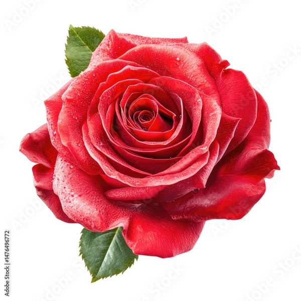 Fototapeta A single, vibrant red rose with dew drops