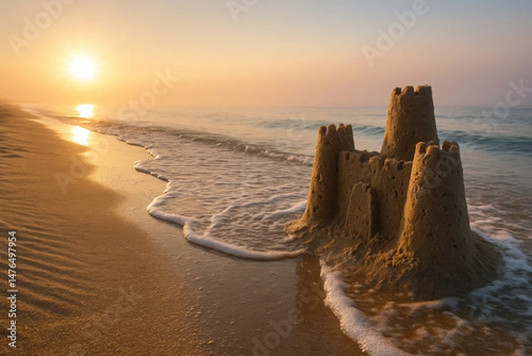 Obraz morning sun lights a sandcastle on the beach as gentle waves approach, evoking dreams of summer, peace, and travel in a tranquil oceanside scene filled with warmth and serenity