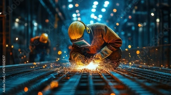 Obraz Skilled industrial worker wea protective gear welding metal beams in a modern factory with sparks flying and bright overhead lighting, industrial manufactu scene