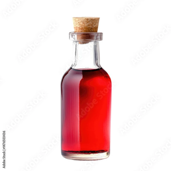 Fototapeta Deep red liquid in a small glass bottle with a cork stopper