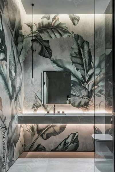 Fototapeta Modern bathroom featuring a stylish sink and mirror with a vibrant floral mural. showcasing a serene atmosphere and natural elements in a contemporary design