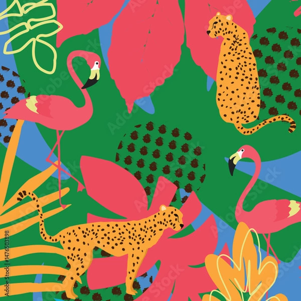 Fototapeta Tropical jungle pattern with cheetahs and flamingos in bold flat style