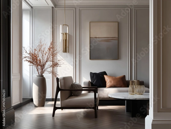 Fototapeta Aesthetic beautiful elegant  modern luxury interior design. Clear mock up empty wall for decoration in the apartment, painting frame. Copy space in the room.