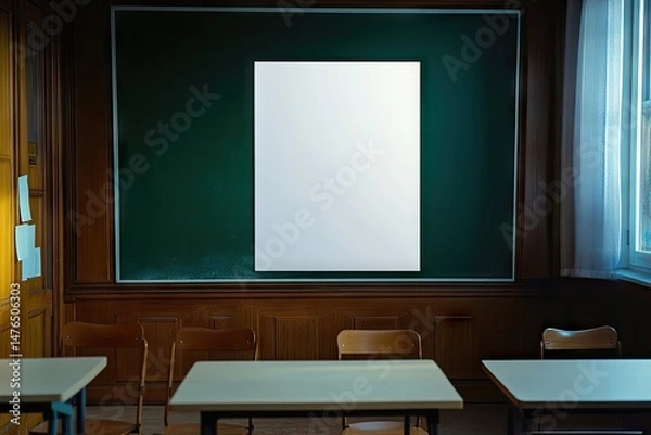 Fototapeta A spacious classroom featuring empty desks and chairs. with a large blank window frame on the green chalkboard wall. illuminated by natural light streaming in from the windows