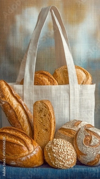 Fototapeta Eco friendly tote bag shaped from various types of bread on a rustic linen background