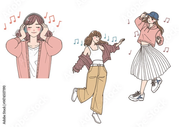 Obraz 音楽に乗っている若い女性たちのイラストセット