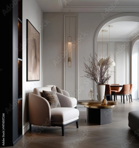Fototapeta Aesthetic beautiful elegant  modern luxury interior design. Clear mock up empty wall for decoration in the apartment, painting frame. Copy space in the room.