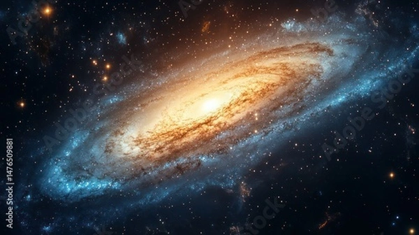 Fototapeta Stunning high-resolution image of a distant spiral galaxy in deep space with bright core and curved arms featu stars and cosmic dust in vibrant colors