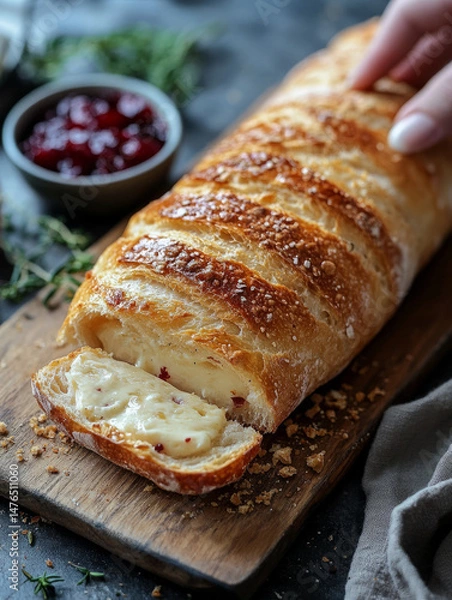 Fototapeta Cheesy baked bread being sliced with a hand.
