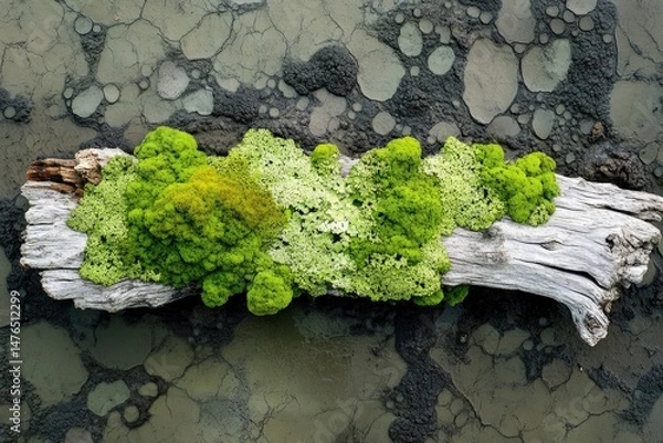 Obraz Moss and lichen blanket a fallen branch in soft natural light from above