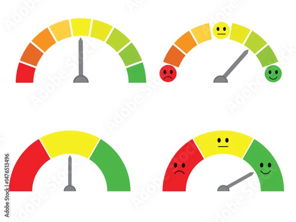 Fototapeta Collection of half-round scales from red to green with arrows and emoticons faces. Vector illustration isolated on white background