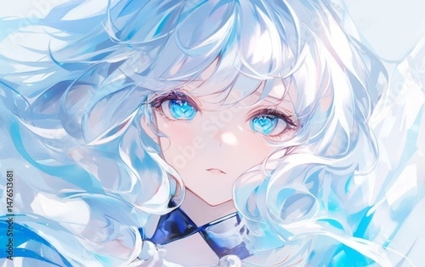 Fototapeta 躍動感あふれる白髪の美少女キャラクター・アニメスタイルのファンタジーイラスト