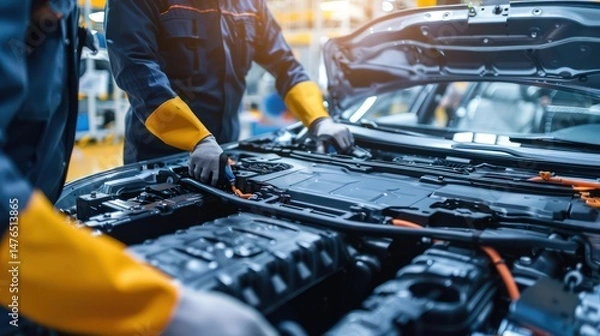 Obraz Engineers examining the battery system of a new electric vehicle.
