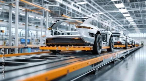 Obraz A factory assembly line producing the future electric vehicles.