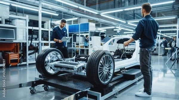 Obraz Engineers working on electric car designs in an automotive industry lab.