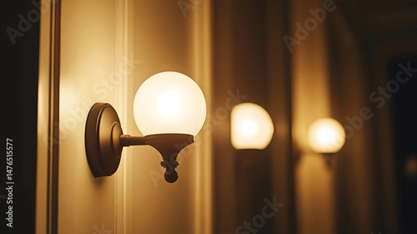 Fototapeta Wall-mounted spherical light fixtures in a dimly lit corridor