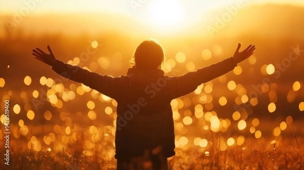 Fototapeta Joyful Human Embracing Golden Light in Nature