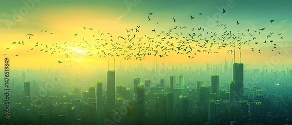 Obraz Aerial view of a futuristic cityscape with birds flying at sunrise
