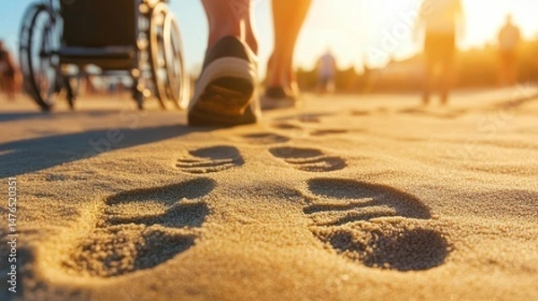 Fototapeta Footprints and Wheelchair Marks on Beach Sand