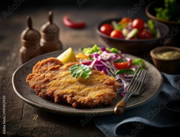 Fototapeta Crispy golden schnitzel served with a vibrant fresh salad made of cucumbers, tomatoes, onions, and peppers on a rustic plate in warm lighting for a delicious food presentation