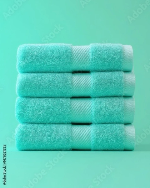 Fototapeta Stack of Four Aqua Terry Cloth Towels in Studio Setting Eye Level Shot on Solid Background