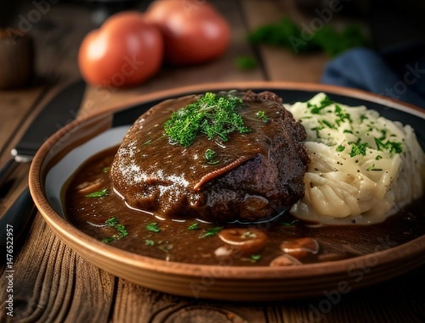 Fototapeta Juicy braised beef steak in rich brown sauce served with herbs on a ceramic plate in a cozy rustic setting capturing the essence of homemade gourmet comfort food dinner