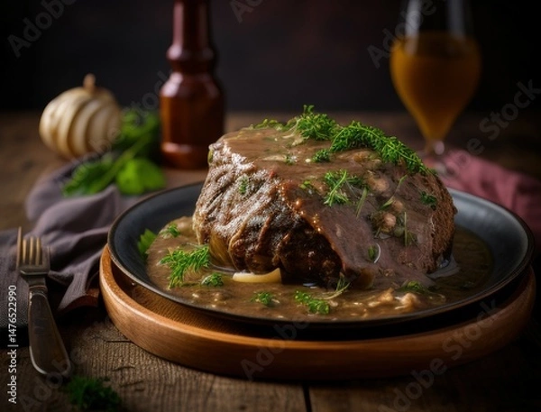 Fototapeta Juicy braised beef steak in rich brown sauce served with herbs on a ceramic plate in a cozy rustic setting capturing the essence of homemade gourmet comfort food dinner