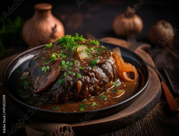 Fototapeta Juicy braised beef steak in rich brown sauce served with herbs on a ceramic plate in a cozy rustic setting capturing the essence of homemade gourmet comfort food dinner