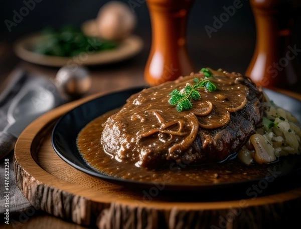 Fototapeta Juicy braised beef steak in rich brown sauce served with herbs on a ceramic plate in a cozy rustic setting capturing the essence of homemade gourmet comfort food dinner