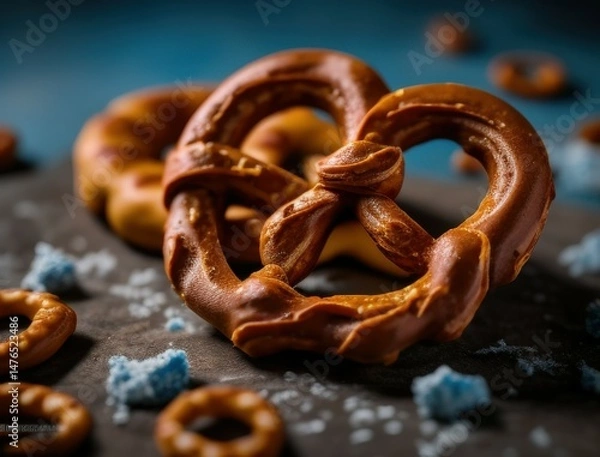 Fototapeta Delicious golden brown pretzels freshly baked and served on a rustic dark wooden table with grains of salt and a soft cloth for a cozy bakery-inspired food photography scene