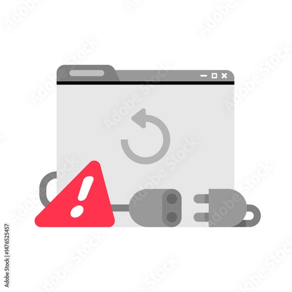 Obraz flat illustration of website loading failure or connection error. loose or unplugged cable, exclamation mark, and retry. internet issues, web page not loading, server downtime, or browser problems
