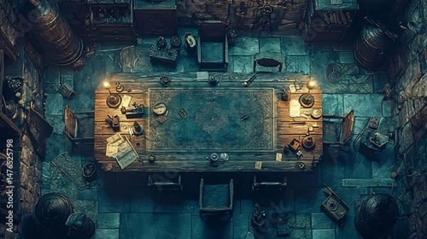 Obraz An Overhead View of an Old Meeting Room Lit by Lamps and Filled with Objects
