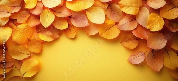 Fototapeta Colorful autumn leaves arranged on a bright yellow background.