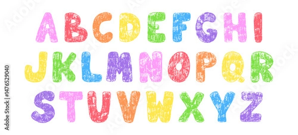 Fototapeta Alphabet hand drawn with childrens crayons pencils with textured effect. Font with letters in colors of rainbow. Vector ABC for educational banners, school, kindergarten