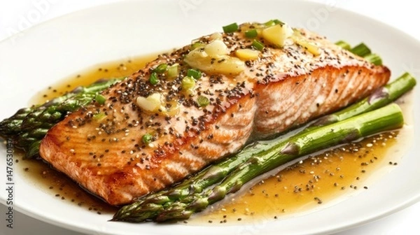 Fototapeta A salmon fillet with asparagus and sauce on a white plate.