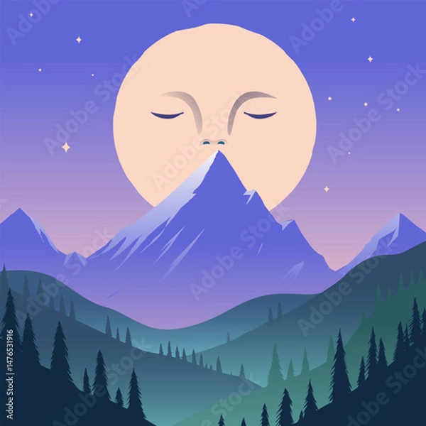 Obraz Surreal Moon with Face over Mountains – Minimal Flat Vector Illustration