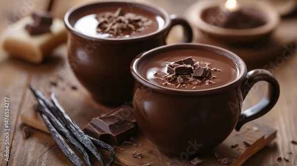 Fototapeta Two mugs of hot chocolate with chocolate shavings, vanilla beans, and chocolate pieces on a dark surface.