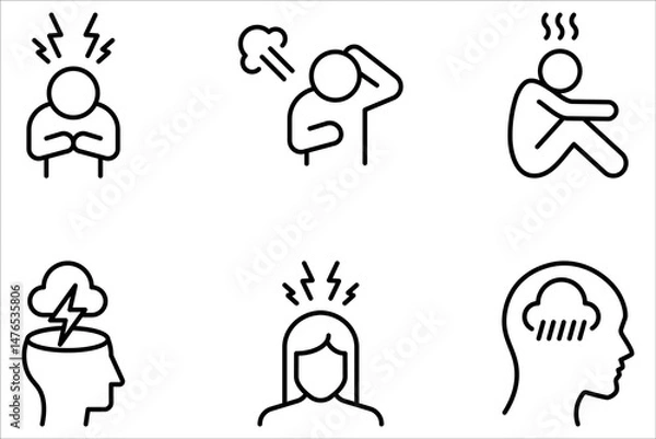 Fototapeta Depression line icon set. Depress, sad, lonely, loneliness, alone, person, sorrow, stress concept on white background
