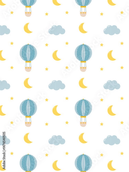 Fototapeta Cute pattern for children's clothing and textiles with a hot air balloon in the sky with clouds and moon