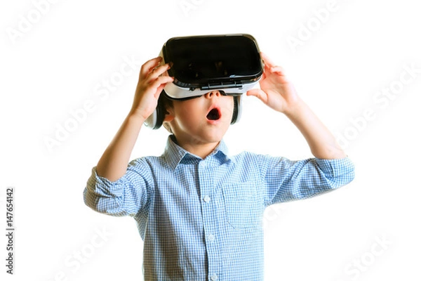 Fototapeta Children experiencing virtual reality isolated on white background. Surprised little boy looking in VR glasses.