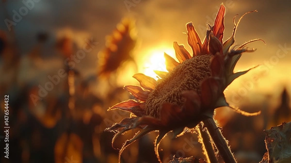 Fototapeta A closeup view of a sunflower reveals its detail as the sun sets behind it.


1/2








