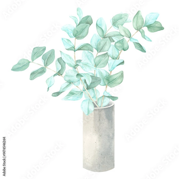 Fototapeta A watercolor illustration of eucalyptus branches arranged in a modern cement vase. This botanical bouquet clipart is perfect for social media graphics, posters, product labels, and elegant branding
