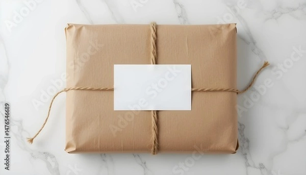 Obraz Packaging kraft paper, jute rope, blank label, flat lay