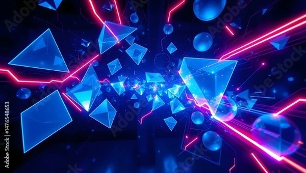 Fototapeta Digital Energy Burst with Blue Holographic Shapes and Neon Light Trails – Abstract Futuristic Sci-Fi Scene