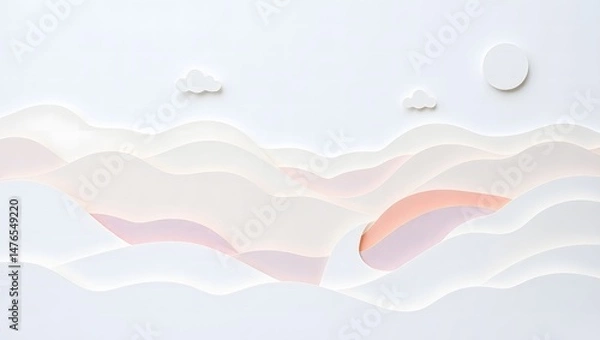 Fototapeta Minimal Pastel Paper Cut Landscape with Soft Layered Hills and Clouds