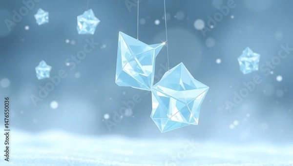 Fototapeta Icy Blue Polygonal Crystal Decorations Suspended in a Soft Winter Glow